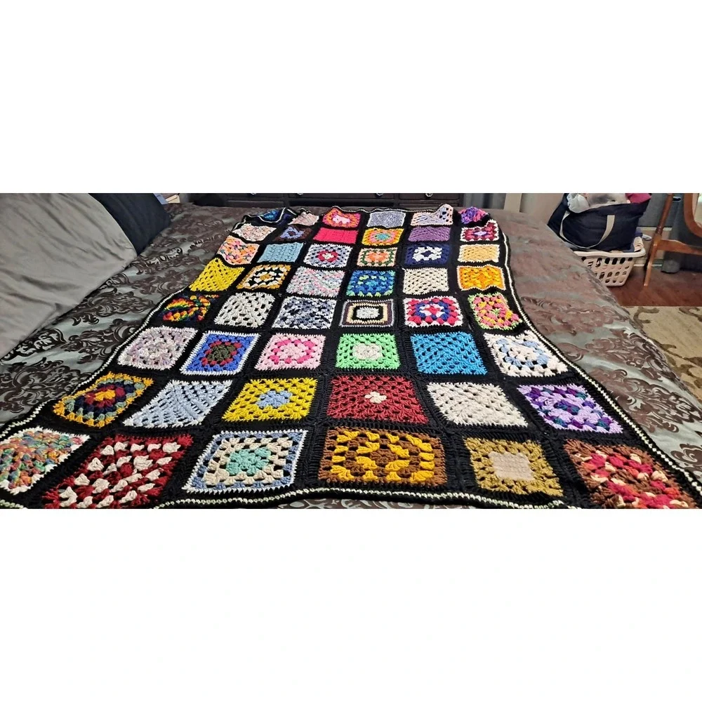 Vintage Handmade Granny Square Black Crochet Afghan 47